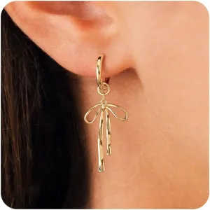 HANLI 14K Gold Plated Bow Studs for Women - Small Ribbon Coquette Earrings, Trendy Jewelry