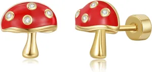 Hanreshe Mushroom Screw Back Earrings for Girls Gold Hypoallergenic Mushroom Crystal Stud Earrings