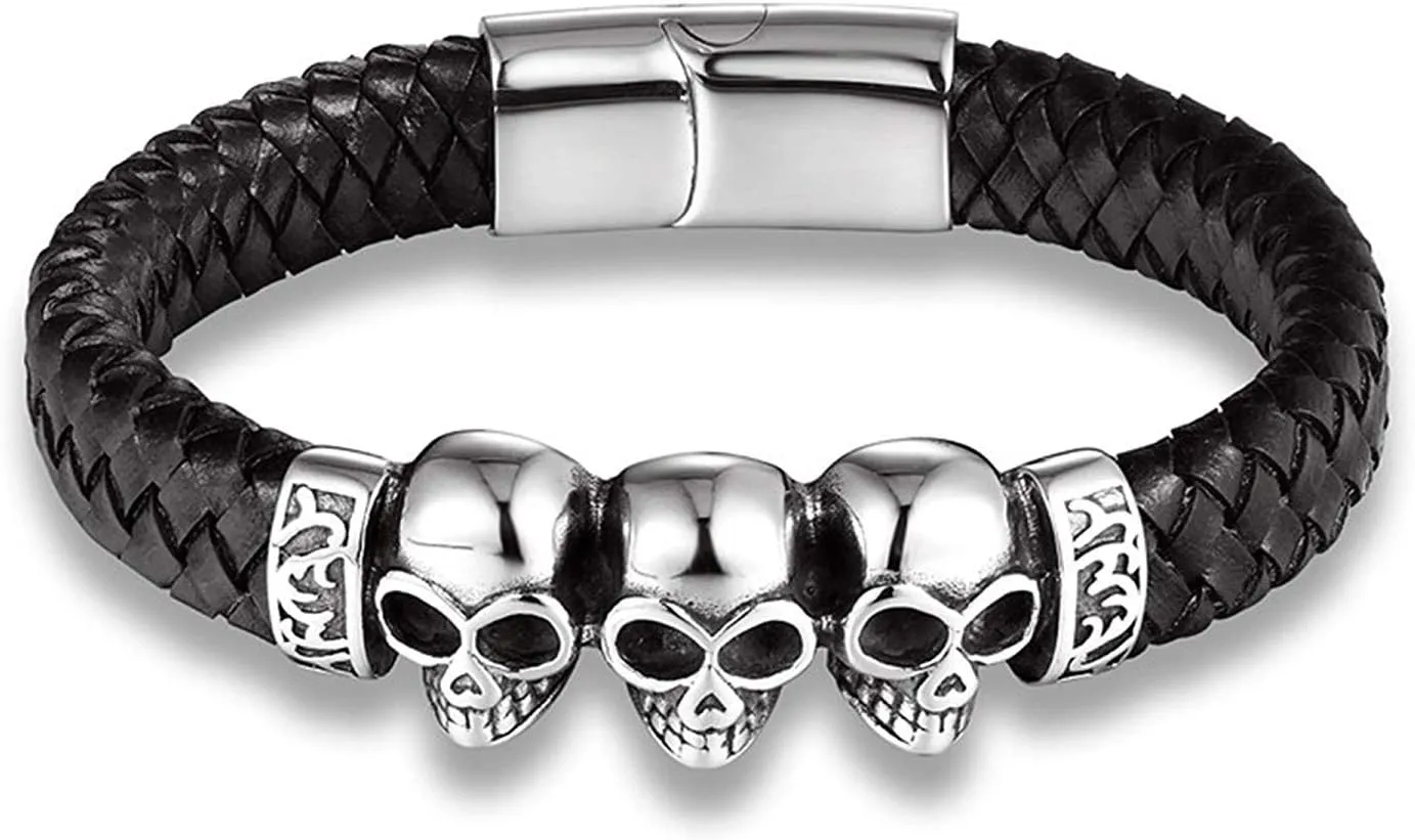 HAQUIL Mens Leather Bracelets Layered Leather Wristbands Cuffs Stainless Steel Clasp Boho Style Valentine Birthday Anniversary Christmas Gifts for Men (08 Triple Skull)