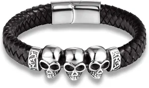 HAQUIL Mens Leather Bracelets Layered Leather Wristbands Cuffs Stainless Steel Clasp Boho Style Valentine Birthday Anniversary Christmas Gifts for Men (08 Triple Skull)