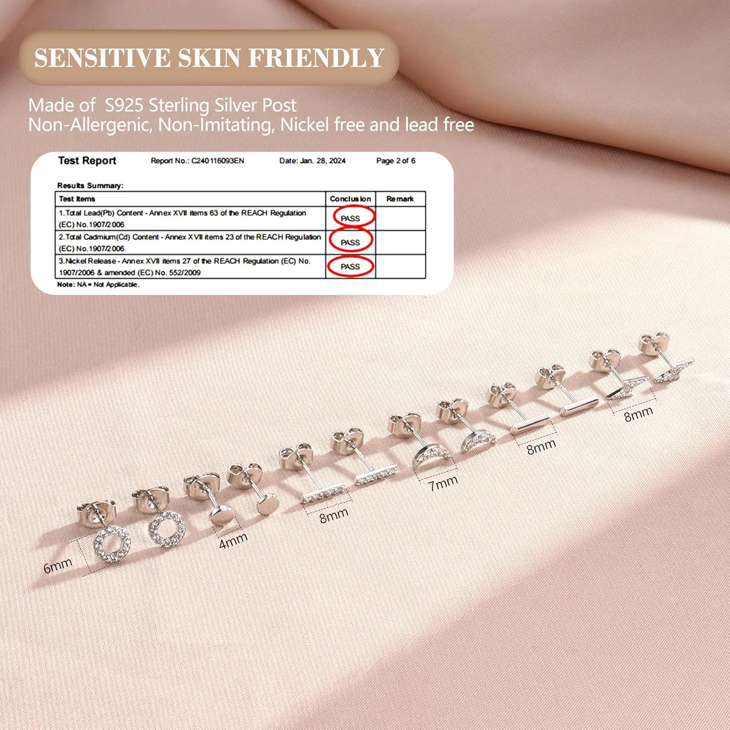 Hayoso 6 Pairs Sterling Silver Stud Earrings Hypoallergenic Earrings Stud Bar Circle CZ Stud Earrings Lightning Bolt Earrings Tiny Stud Earrings Set White Gold Plated Cartilage Earrings Studs for Women
