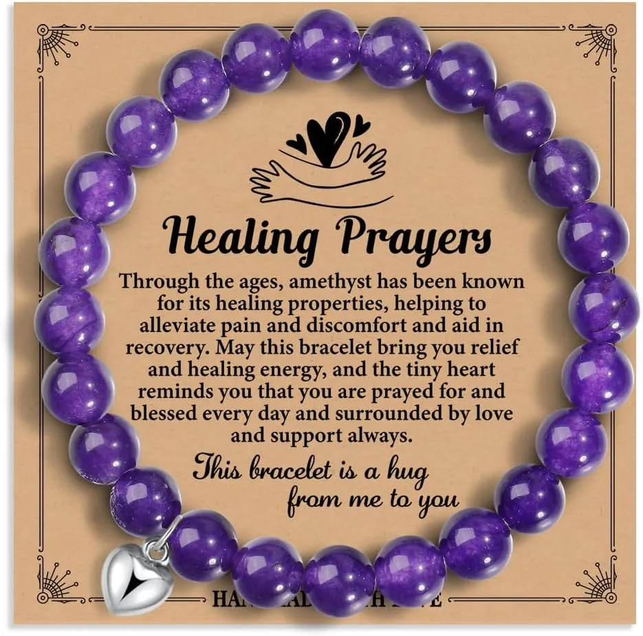 Healing Prayers Bracelet Amethyst Heart Bracelet for woman,Get Well Soon Natural Stone Healing Relaxation Inspirational Bracelets Gifts for Best Friends Sister Her Grandmother Mon,1Greeting Card-72