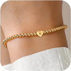 Heart Initial Bracelets for Women Girls - 14K Gold Plated Letter N Initial Bracelet Gold Heart Bracelet Beaded Bracelets Gold Jewelry for Women Teen Girl Gifts Trendy Stuff