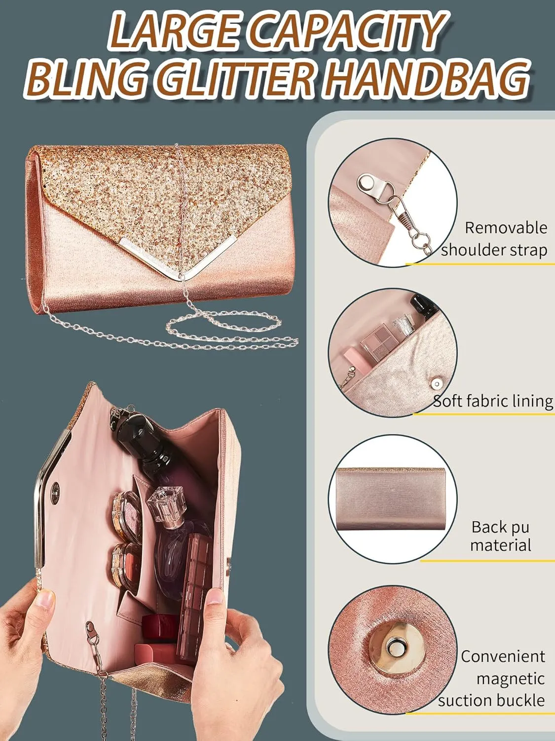 Henoyso 5 Pcs Purse Rhinestone Jewelry Set Prom Jewelry Rhinestone Clutch Purse Bride Necklace Earrings Bracelets for Women