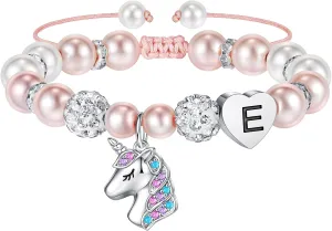 Hidepoo Unicorn Bracelet Graduation Gifts for Girls - Pink Pearl and Rhinestone Balls Heart Initial Unicorn Bracelets Jewelry CZ Unicorn Bracelet Kindergarten Graduation Birthday Gifts for Girls