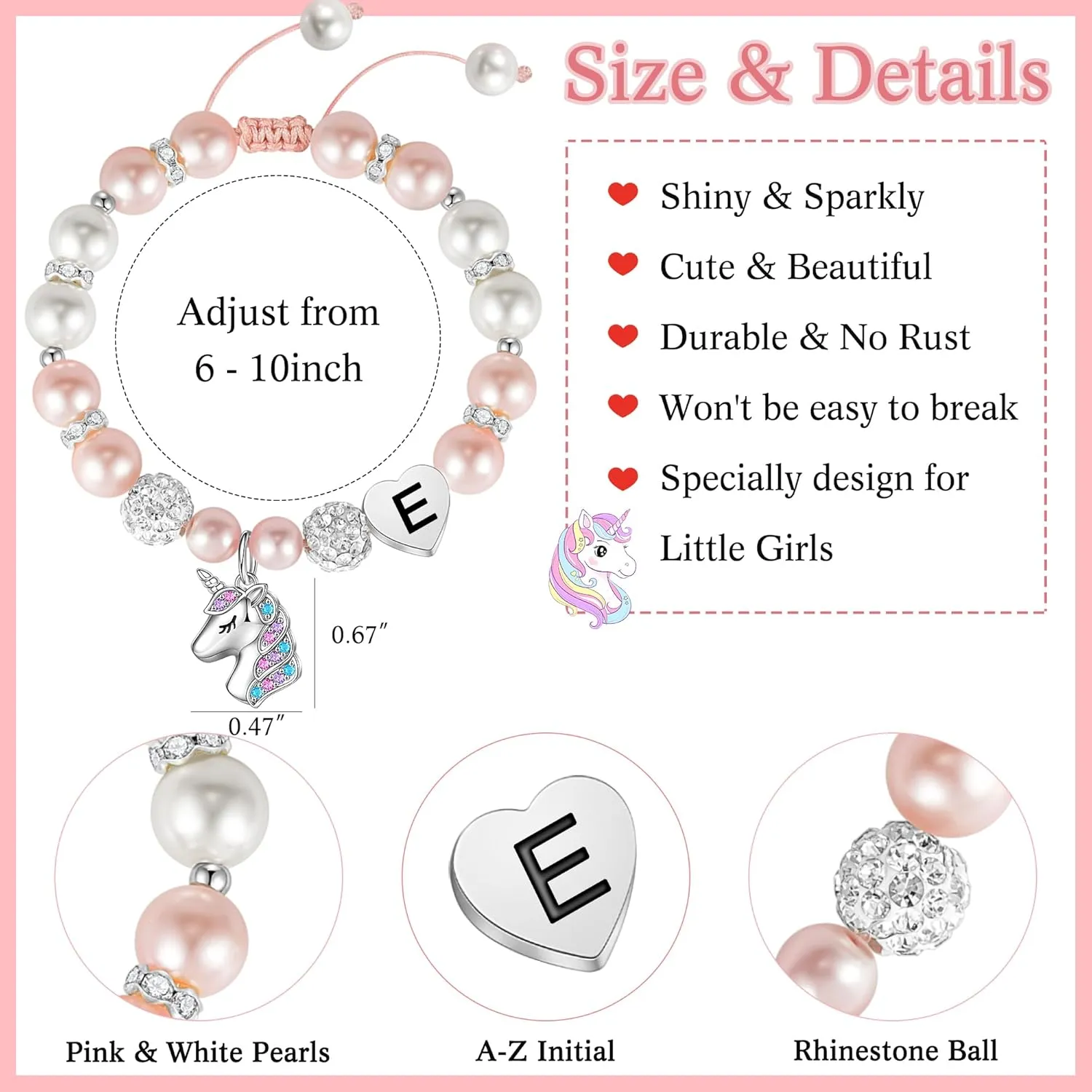 Hidepoo Unicorn Bracelet Graduation Gifts for Girls - Pink Pearl and Rhinestone Balls Heart Initial Unicorn Bracelets Jewelry CZ Unicorn Bracelet Kindergarten Graduation Birthday Gifts for Girls