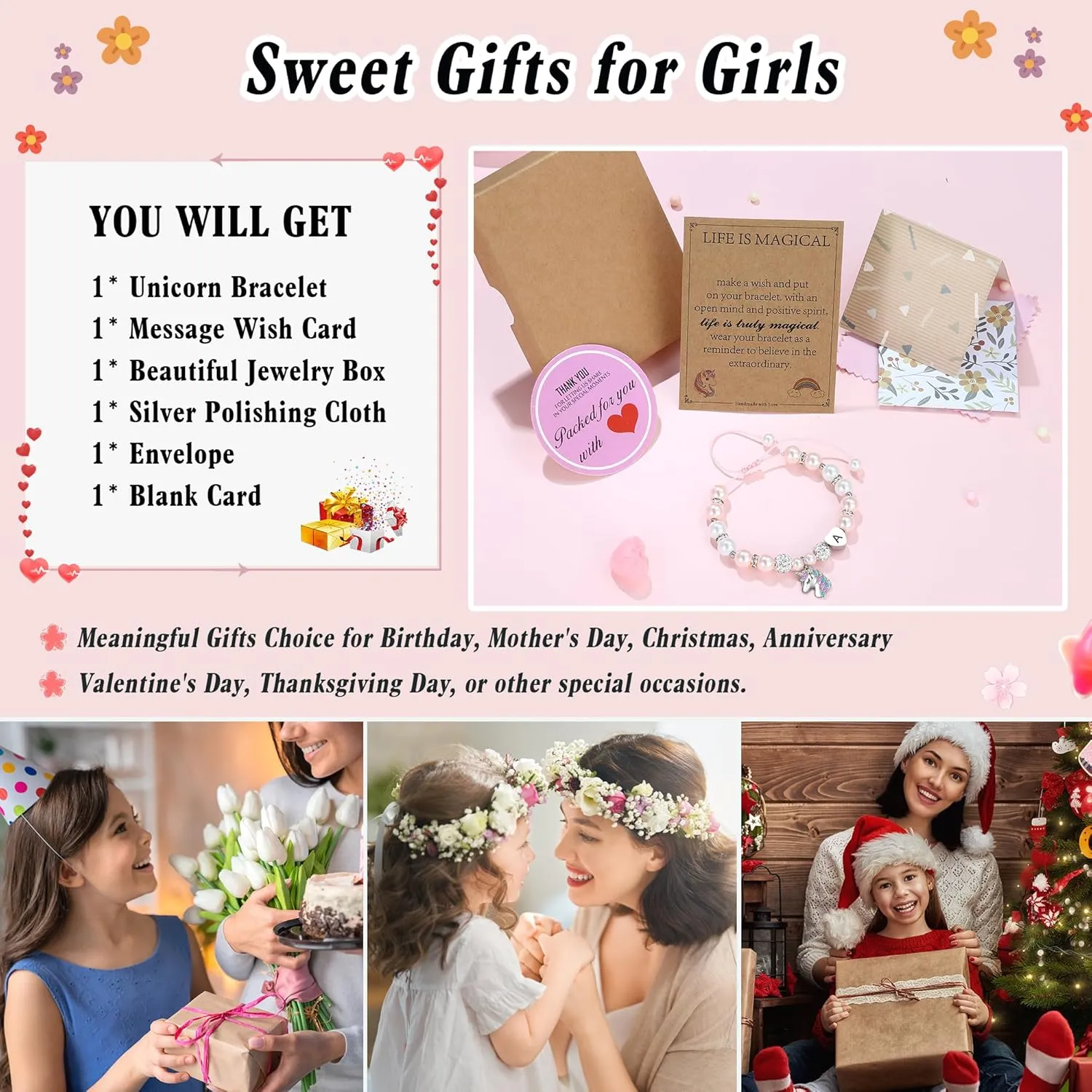 Hidepoo Unicorn Bracelet Graduation Gifts for Girls - Pink Pearl and Rhinestone Balls Heart Initial Unicorn Bracelets Jewelry CZ Unicorn Bracelet Kindergarten Graduation Birthday Gifts for Girls