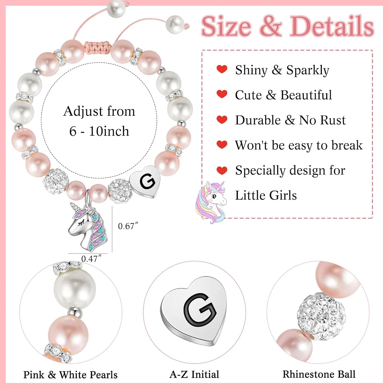 Hidepoo Unicorn Bracelet Graduation Gifts for Girls - Pink Pearl and Rhinestone Balls Heart Initial Unicorn Bracelets Jewelry CZ Unicorn Bracelet Kindergarten Graduation Birthday Gifts for Girls