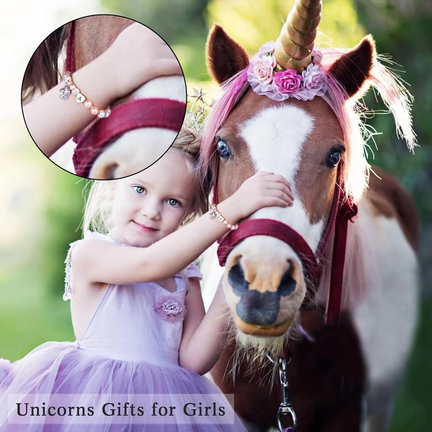 Hidepoo Unicorn Bracelet Graduation Gifts for Girls - Pink Pearl and Rhinestone Balls Heart Initial Unicorn Bracelets Jewelry CZ Unicorn Bracelet Kindergarten Graduation Birthday Gifts for Girls