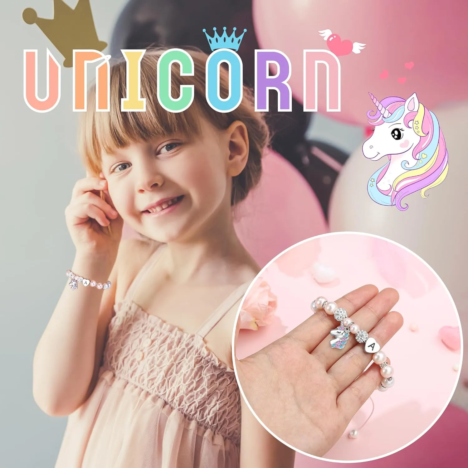 Hidepoo Unicorn Bracelet Graduation Gifts for Girls - Pink Pearl and Rhinestone Balls Heart Initial Unicorn Bracelets Jewelry CZ Unicorn Bracelet Kindergarten Graduation Birthday Gifts for Girls