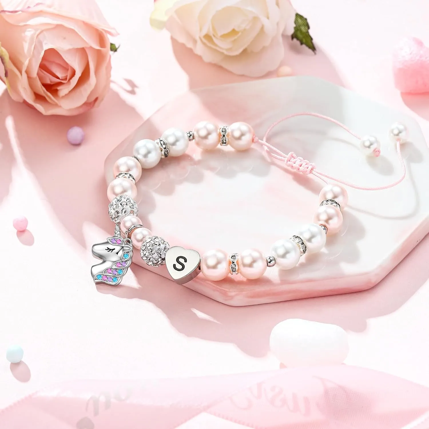 Hidepoo Unicorn Bracelet Graduation Gifts for Girls - Pink Pearl and Rhinestone Balls Heart Initial Unicorn Bracelets Jewelry CZ Unicorn Bracelet Kindergarten Graduation Birthday Gifts for Girls