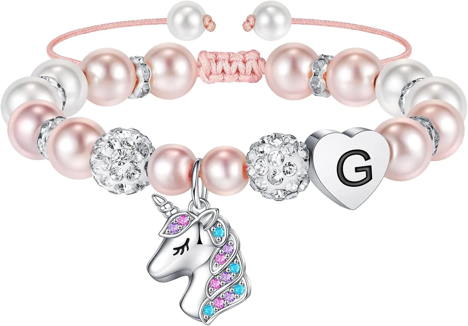 Hidepoo Unicorn Bracelet Graduation Gifts for Girls - Pink Pearl and Rhinestone Balls Heart Initial Unicorn Bracelets Jewelry CZ Unicorn Bracelet Kindergarten Graduation Birthday Gifts for Girls