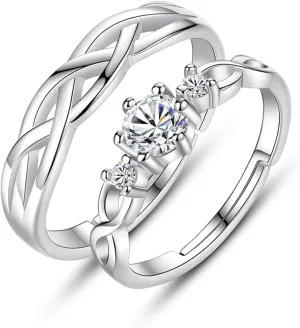 Him and Her Matching Wedding Rings Set Adjustable CZ S925 Sterling Silver Rings for Couple Cubic Zirconia Engagement Ring Promise Ring Couples Ring for Women Men Everyday Ring