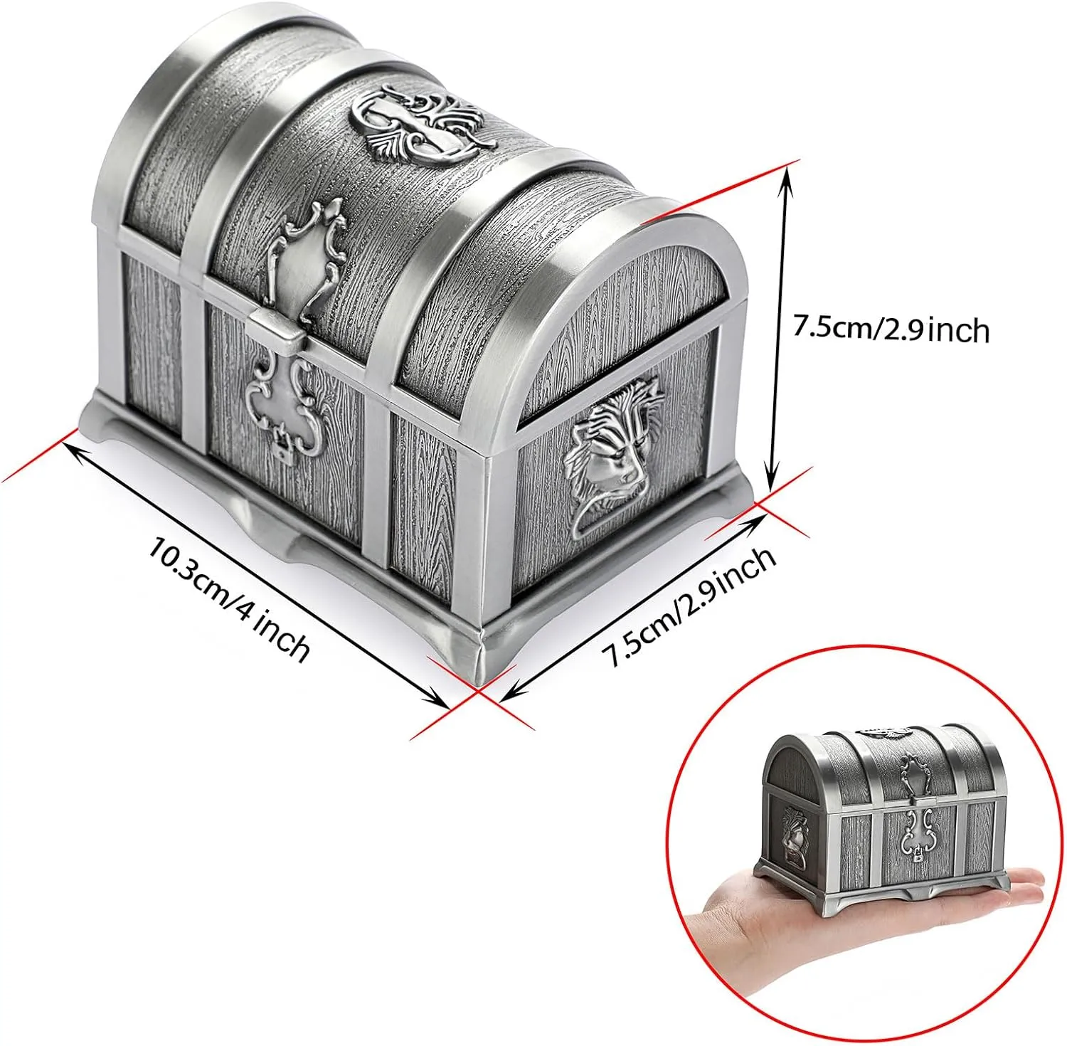 Hipiwe Vintage Metal Jewelry Box Treasure Trinket Chest,Smal Ring Earrings Necklace Keepsake Gift Holder Case for Girls Ladies Women (Small) (Metallic grey, Medium)