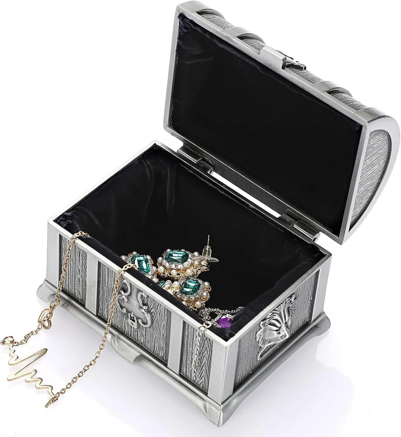 Hipiwe Vintage Metal Jewelry Box Treasure Trinket Chest,Smal Ring Earrings Necklace Keepsake Gift Holder Case for Girls Ladies Women (Small) (Metallic grey, Medium)