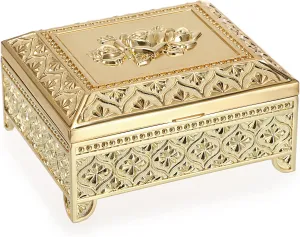 Hipiwe Vintage Metal Jewelry Box Trinket Storage Box Rectangle Treasure Chest Case Earring Ring Necklace Bracelet Organizer Decorative Keepsake Box Birthday Gift for Women Girls