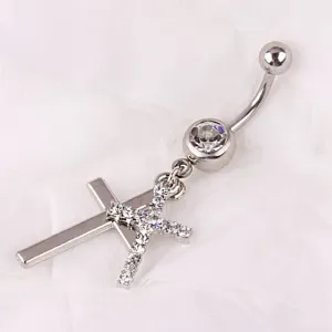 Hollow Cross Belly Button Rings Navel Piercing Bar Clear Black CZs Belly Piercing Gothic Body Jewelry Punk (double cross)