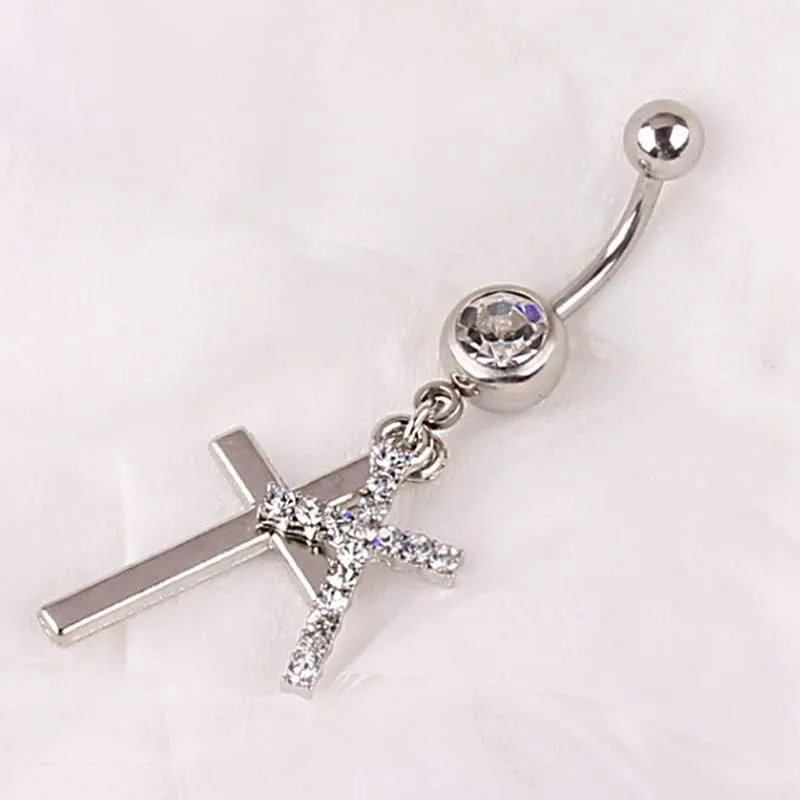 Hollow Cross Belly Button Rings Navel Piercing Bar Clear Black CZs Belly Piercing Gothic Body Jewelry Punk (double cross)
