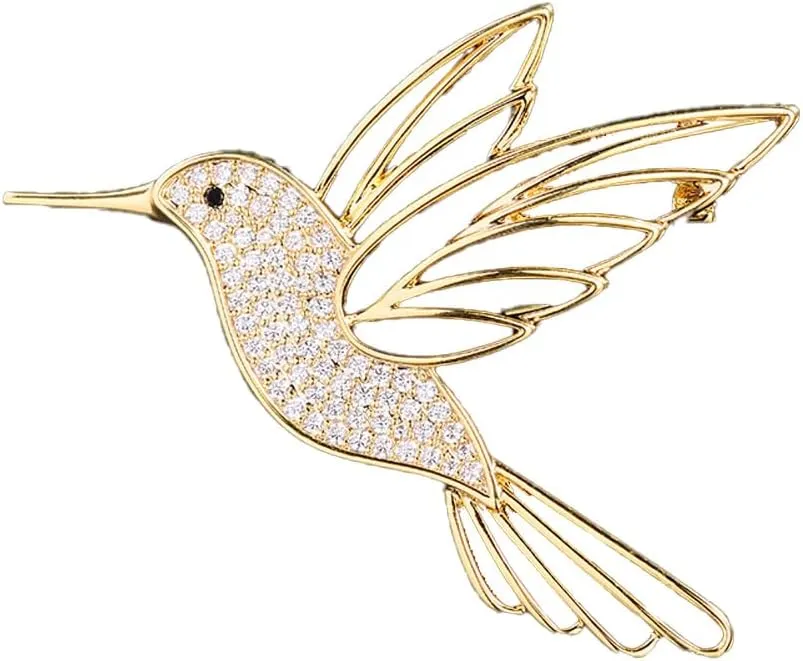 Hollow Hummingbird Brooch Pin for Women CZ Rhinestone Animal Bird Lapel Pins Flying Birdie Statement Fashion Brooches Scarf Buckle Bag Clip Badge Dress Sweater Accessory Jewelry