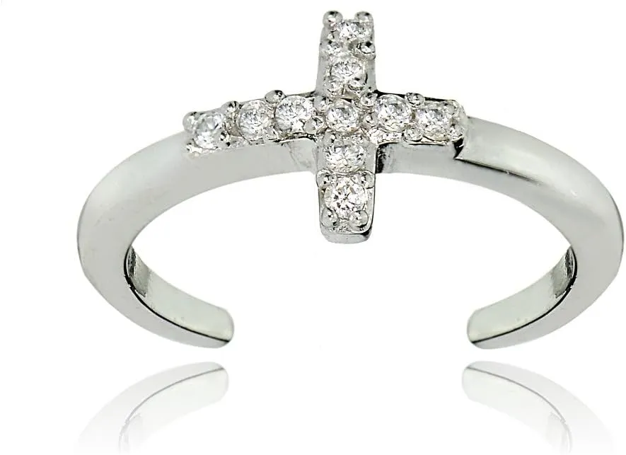 Hoops & Loops 925 Sterling Silver Cubic Zirconia Sideways Dainty Cross Toe Ring for Women Men, Silver, Yellow Gold, Rose Gold