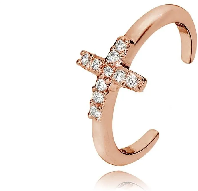 Hoops & Loops 925 Sterling Silver Cubic Zirconia Sideways Dainty Cross Toe Ring for Women Men, Silver, Yellow Gold, Rose Gold