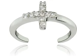 Hoops & Loops 925 Sterling Silver Cubic Zirconia Sideways Dainty Cross Toe Ring for Women Men, Silver, Yellow Gold, Rose Gold