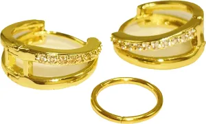 Hypoallergenic Nose Rings 3-piece set,2 earrings 1 nose ring clamp,Gold Earrings,Nose Rings Hoop,316L Surgical Steel,Hoop Earring for Men Women Nostril Septum Cartilage Helix Cartilage Rook Earrings
