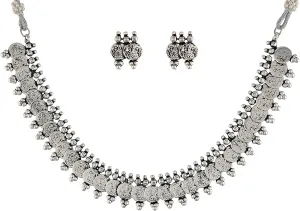 I Jewels 18K Silver Oxidised Indian Traditional Coin Necklace Jewellery With Earrings For Women (MC062-63)