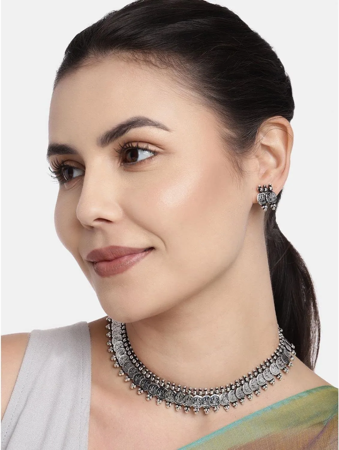 I Jewels 18K Silver Oxidised Indian Traditional Coin Necklace Jewellery With Earrings For Women (MC062-63)