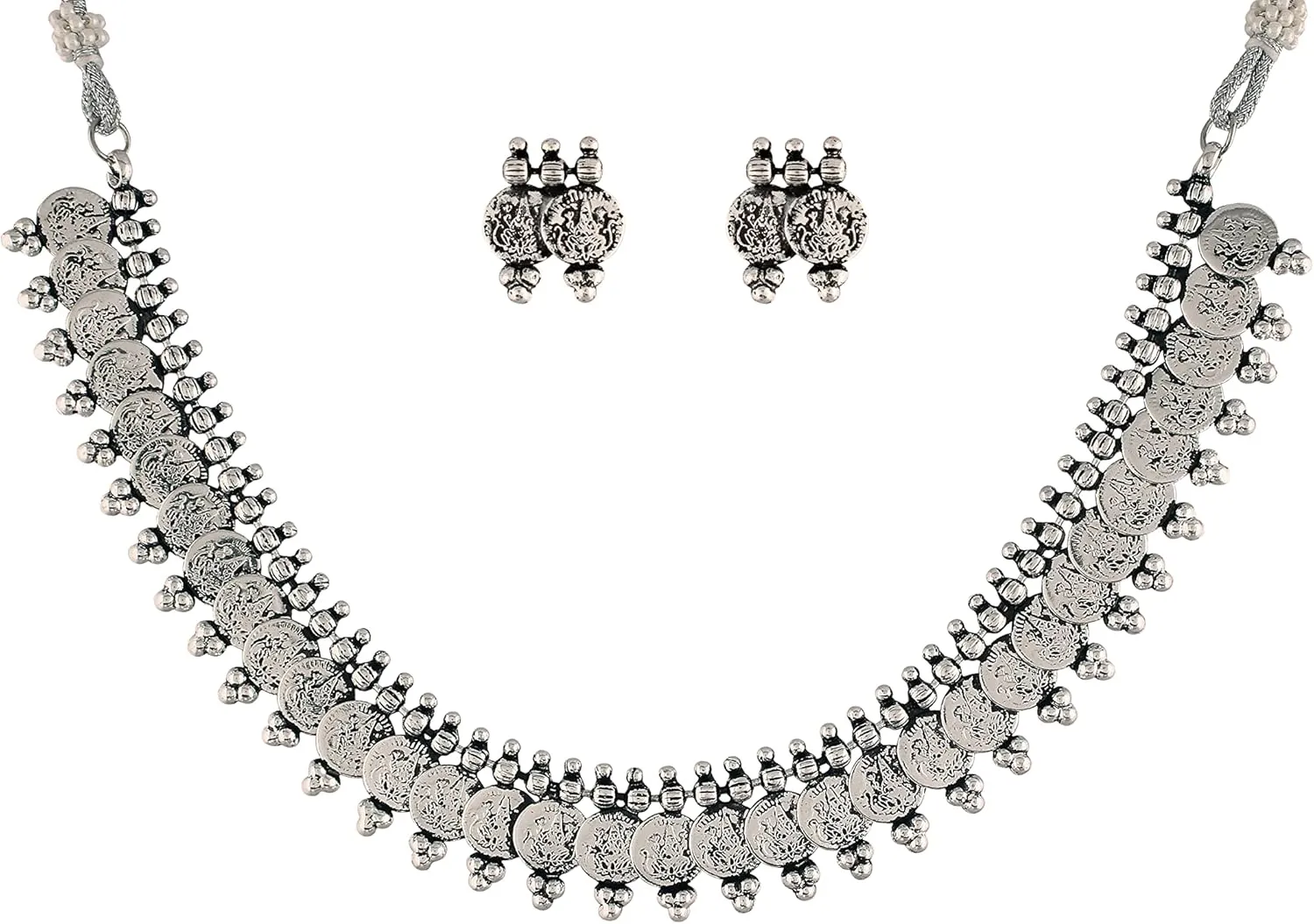 I Jewels 18K Silver Oxidised Indian Traditional Coin Necklace Jewellery With Earrings For Women (MC062-63)