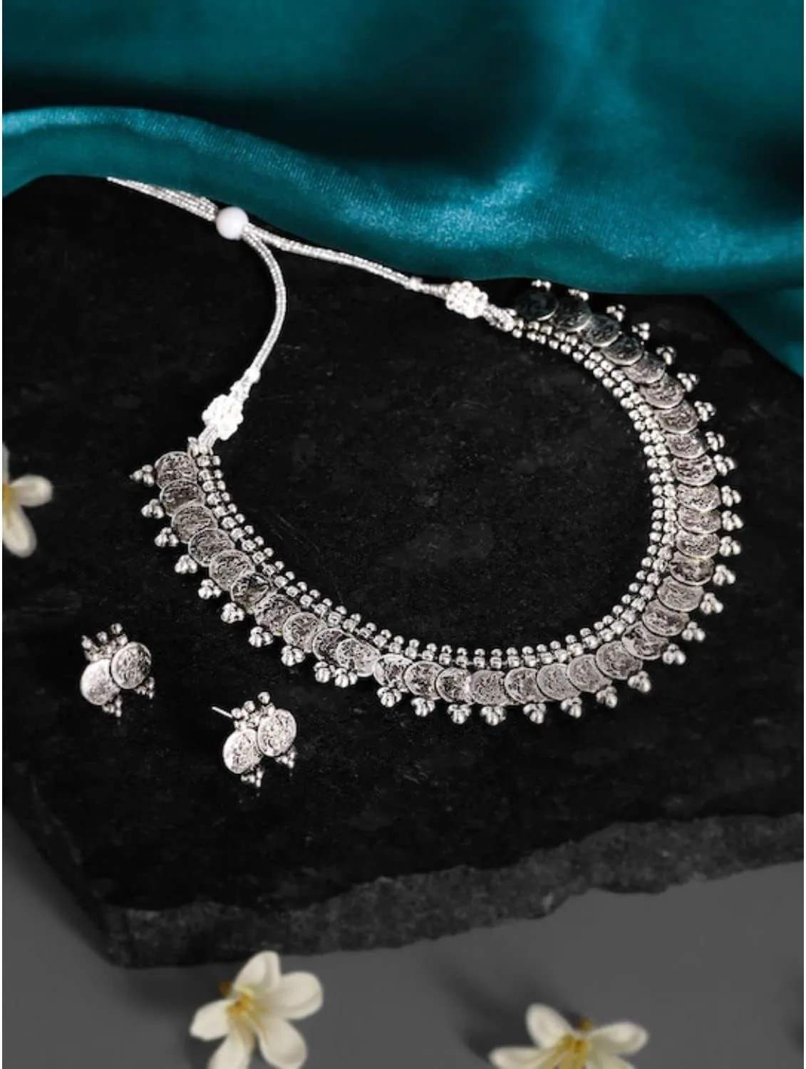 I Jewels 18K Silver Oxidised Indian Traditional Coin Necklace Jewellery With Earrings For Women (MC062-63)