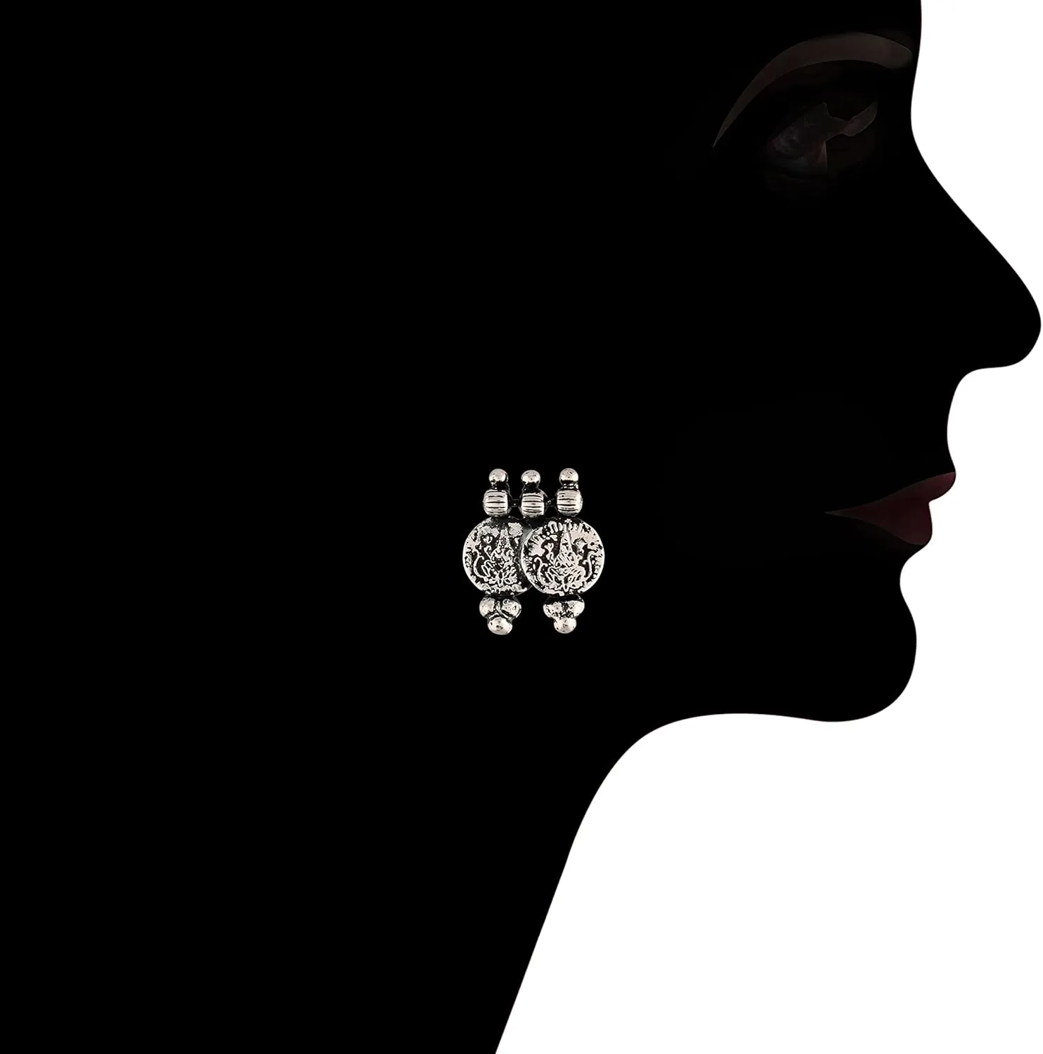 I Jewels 18K Silver Oxidised Indian Traditional Coin Necklace Jewellery With Earrings For Women (MC062-63)