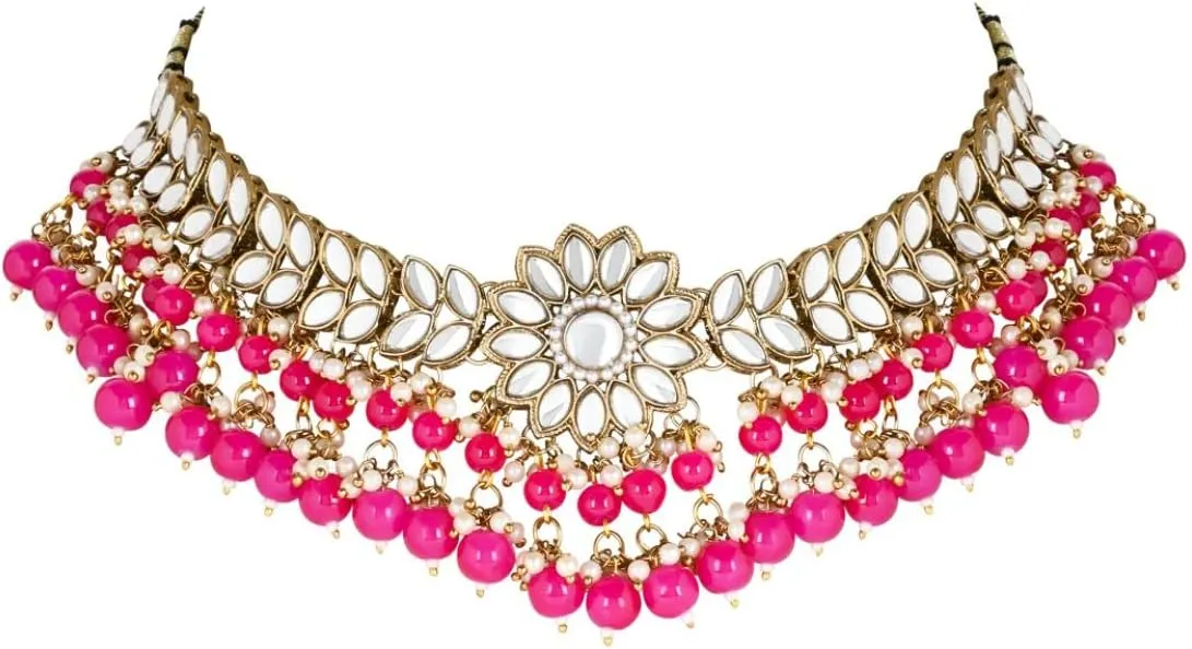 I Jewels Gold Plated Indian Wedding Bollywood Kundan & Pearl Choker Necklace Earring & Maang Tikka Ethnic Jewellery Set for Women (K7232-1)
