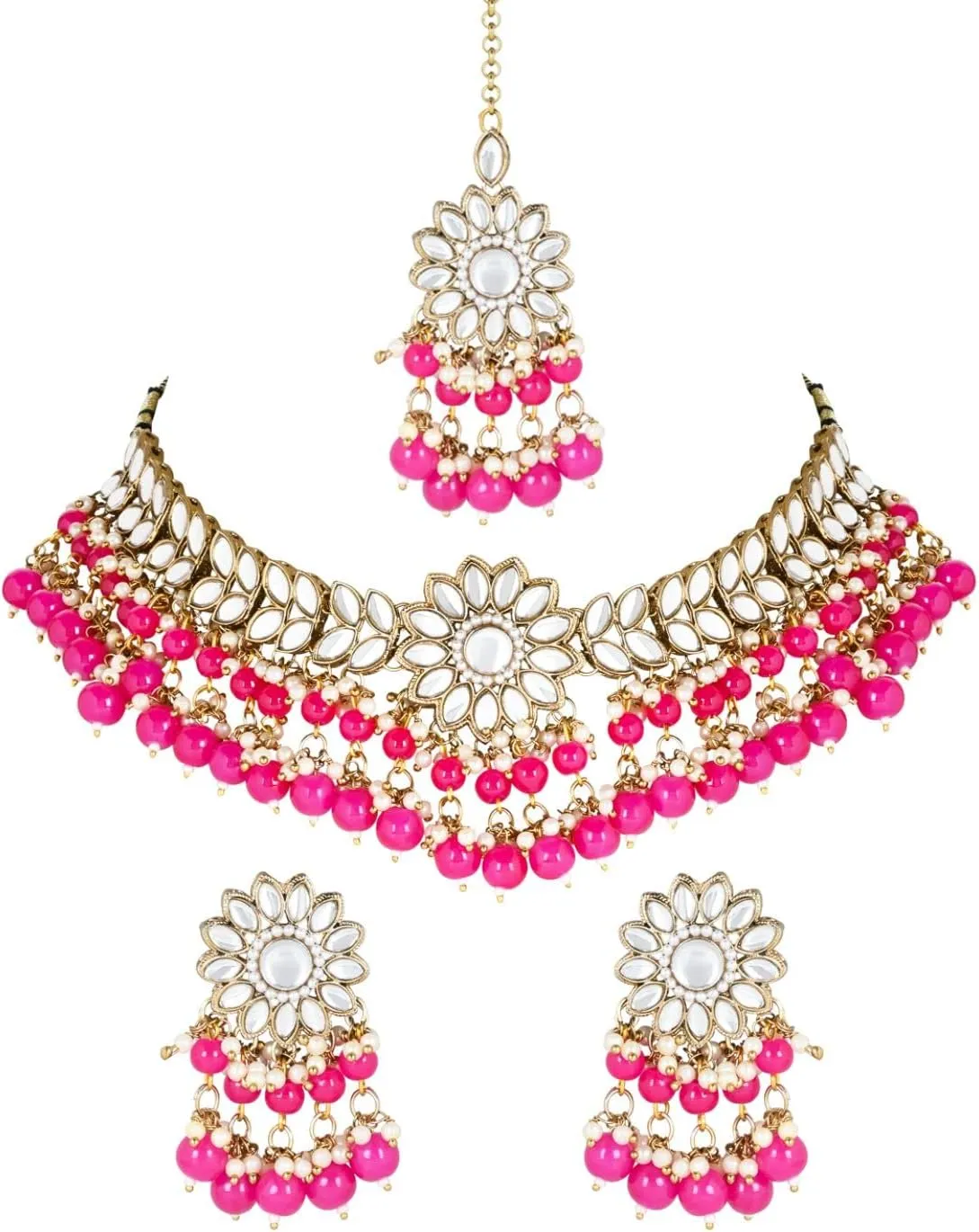 I Jewels Gold Plated Indian Wedding Bollywood Kundan & Pearl Choker Necklace Earring & Maang Tikka Ethnic Jewellery Set for Women (K7232-1)