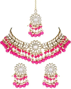 I Jewels Gold Plated Indian Wedding Bollywood Kundan & Pearl Choker Necklace Earring & Maang Tikka Ethnic Jewellery Set for Women (K7232-1)