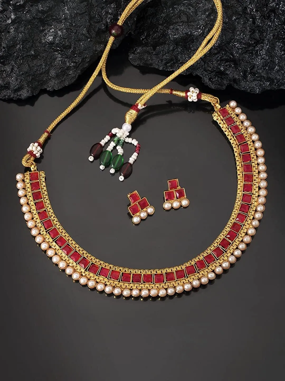 I Jewels Gold Plated Indian Wedding Bollywood Multi Choker Necklace Jewellery Set For Women (MC119-1)