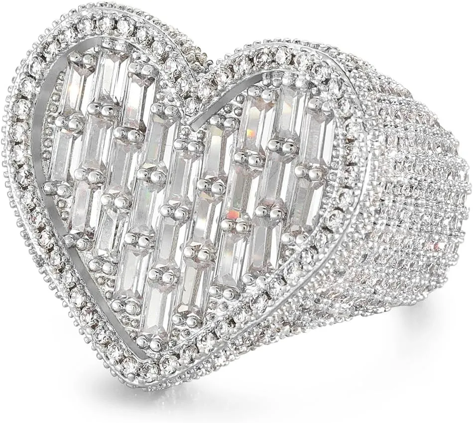 Iced Out Baguette Cz Diamond Heart Ring Jewelry, All Match Bling Bling Dainty Gold Pinky Ring Party Rose Gold Love Women Luxury Jewelry