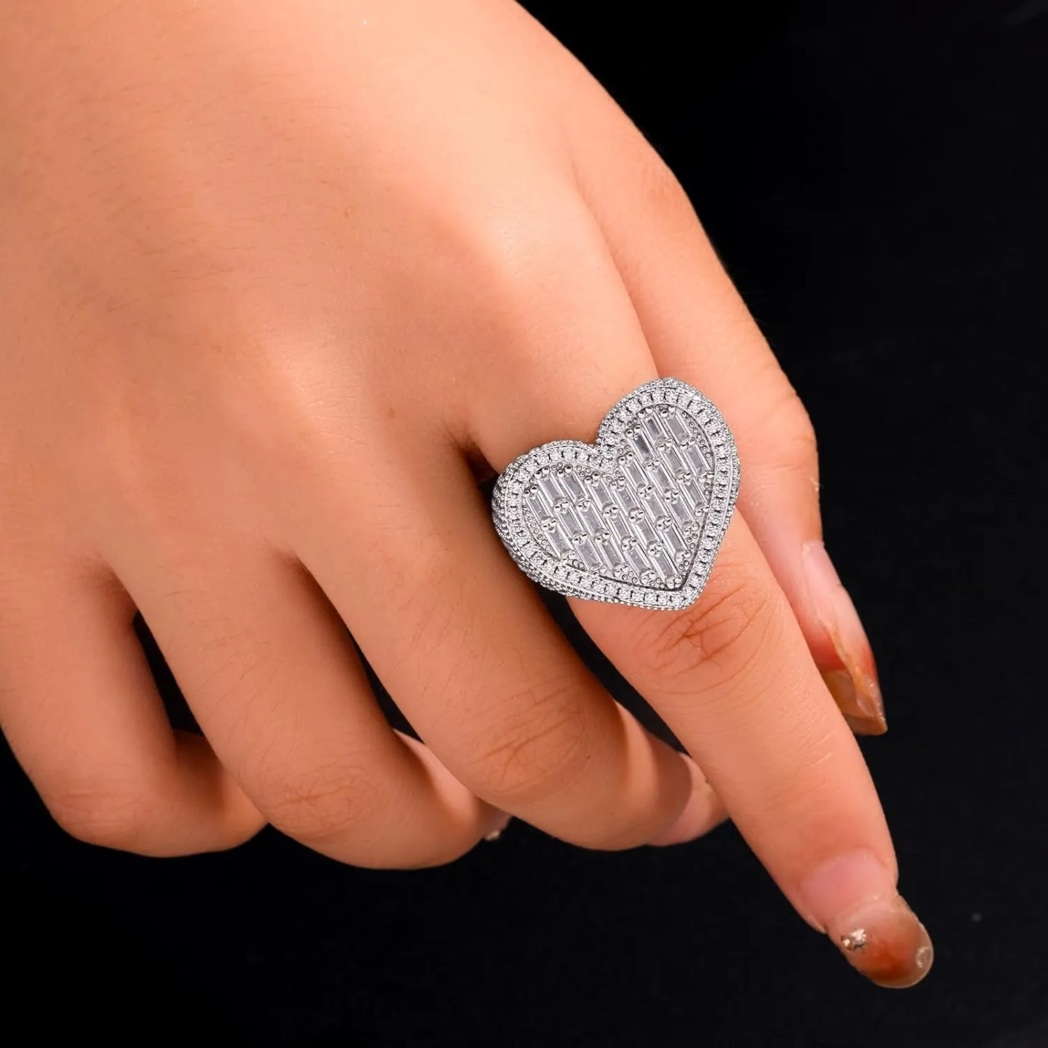 Iced Out Baguette Cz Diamond Heart Ring Jewelry, All Match Bling Bling Dainty Gold Pinky Ring Party Rose Gold Love Women Luxury Jewelry