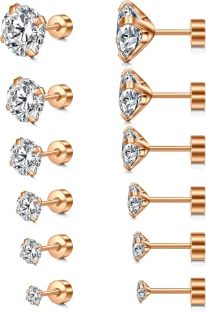 Incaton 2-6 Pairs 16G 20G Hypoallergenic Stud Earrings for Women Men Flat Back Earrings Stainless Steel Cubic Zirconia Cartilage Tragus Screw Back Earrings Piercing