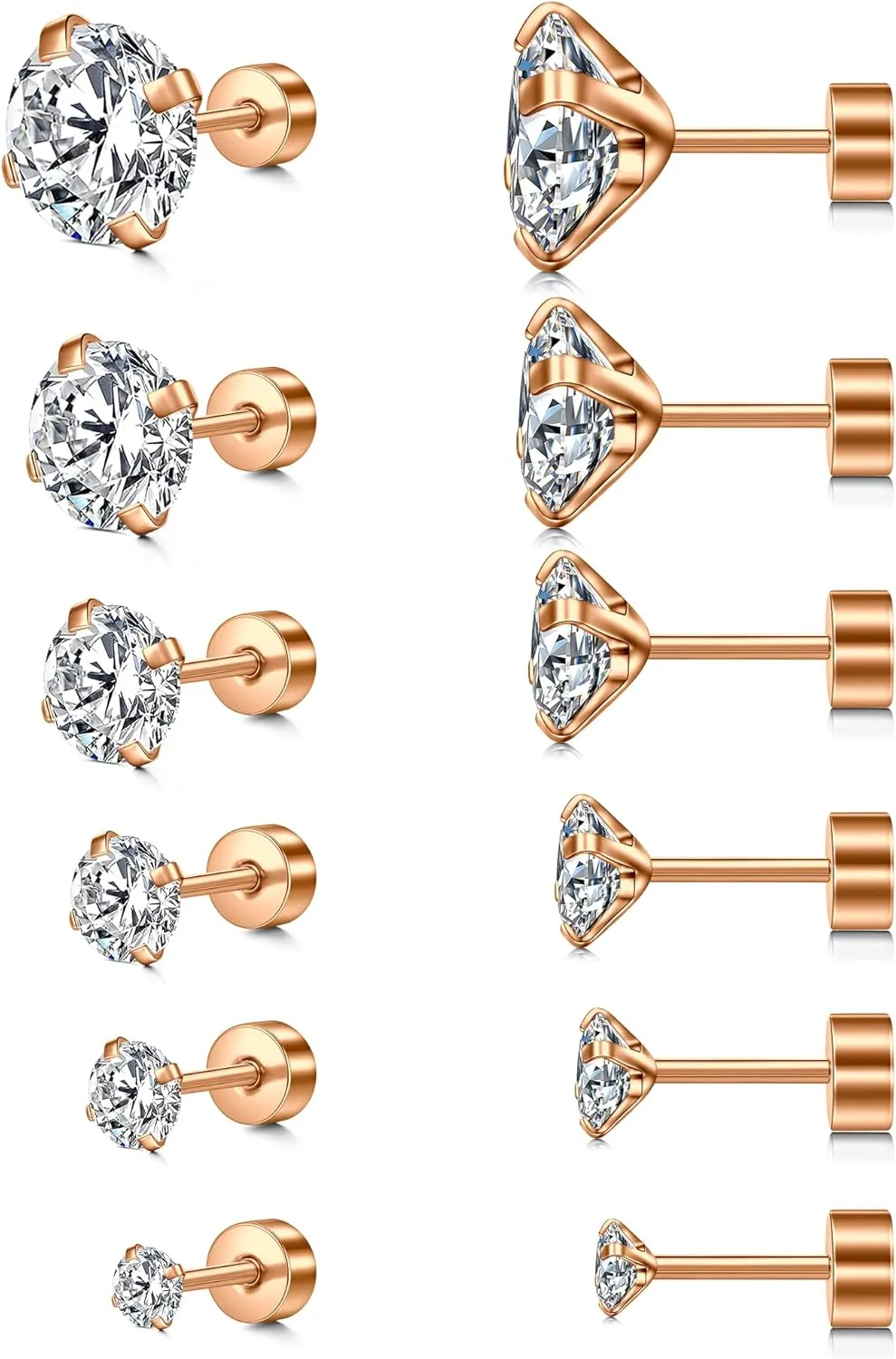 Incaton 2-6 Pairs 16G 20G Hypoallergenic Stud Earrings for Women Men Flat Back Earrings Stainless Steel Cubic Zirconia Cartilage Tragus Screw Back Earrings Piercing