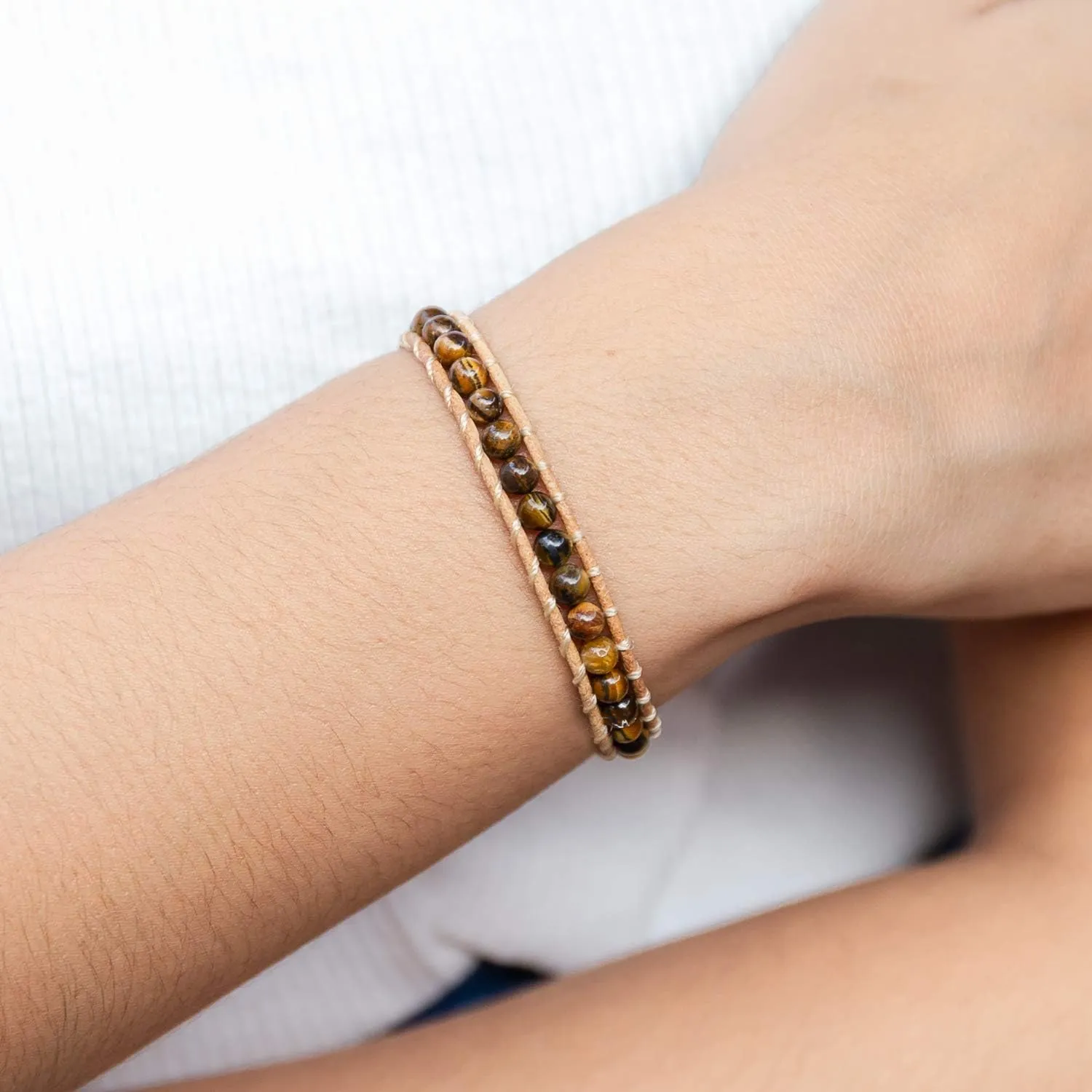 Infinityee888 Leather Bracelet Light Brown Wrap Beads Natural Stone Adjustable for Men Women Teen Yoga Handmade Bohemian Gypsy Boho