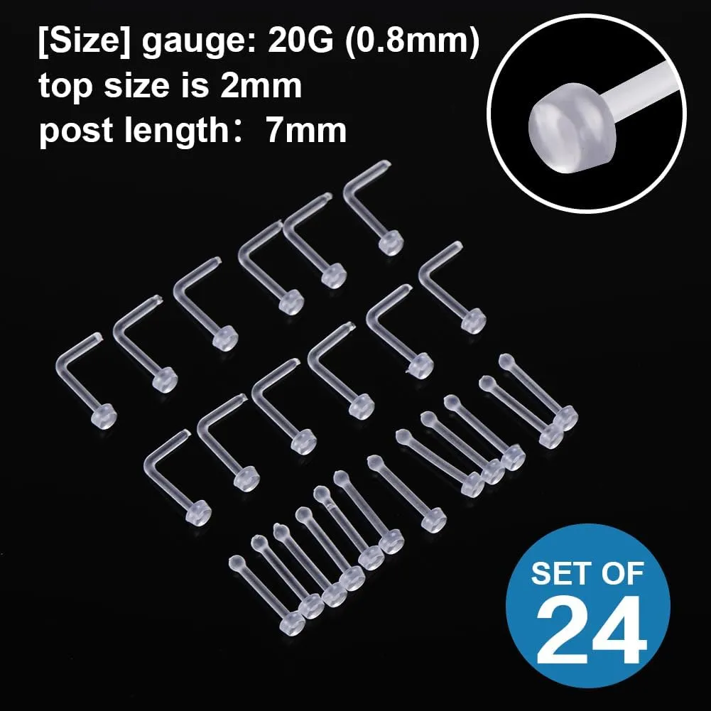 intera Clear Nose Studs 18G 20G Piercing Retainers 24 Pcs Straight and L shape Flat Top Flexible Plastic Clear Nose Rings Piercing for Work Surgery