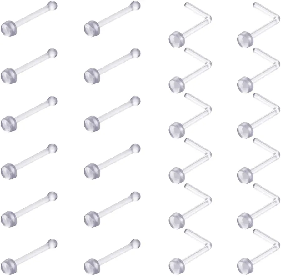 intera Clear Nose Studs 18G 20G Piercing Retainers 24 Pcs Straight and L shape Flat Top Flexible Plastic Clear Nose Rings Piercing for Work Surgery