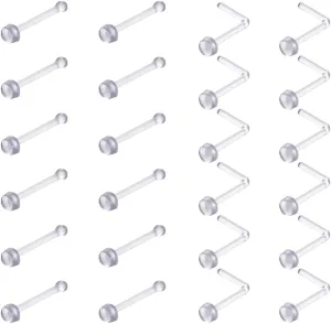 intera Clear Nose Studs 18G 20G Piercing Retainers 24 Pcs Straight and L shape Flat Top Flexible Plastic Clear Nose Rings Piercing for Work Surgery
