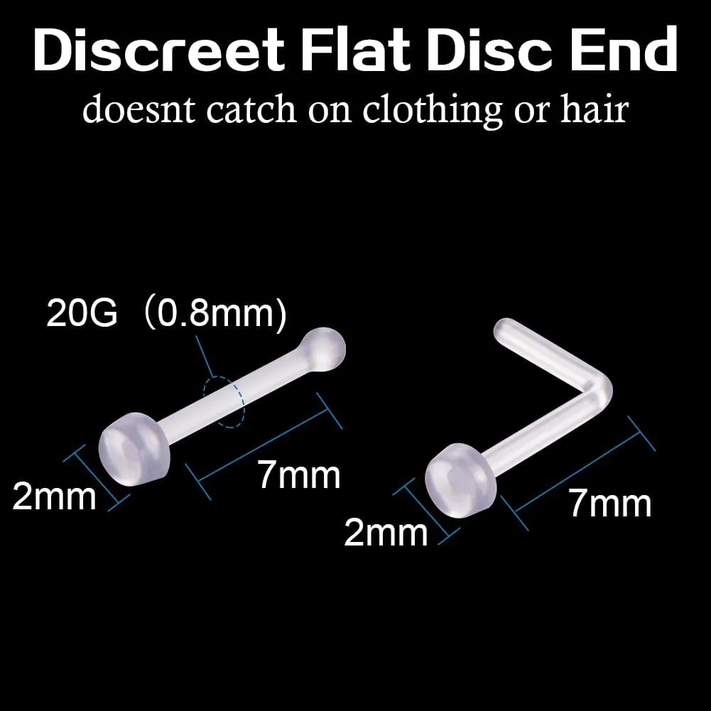 intera Clear Nose Studs 18G 20G Piercing Retainers 24 Pcs Straight and L shape Flat Top Flexible Plastic Clear Nose Rings Piercing for Work Surgery