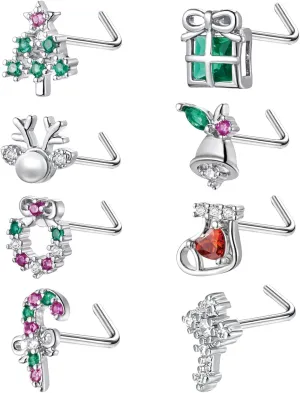 INTIMATE LOVER Christmas Nose Rings Pack, 20G Nose Studs, Christmas Elements L-Shaped Nose Piercing Jewelry, 316L Stainless Steel Nostril Piercing Jewelry for Women and Men