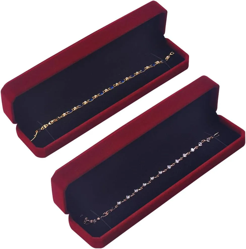 iSuperb 2 Pcs Long Red Velvet Necklace Box Chain Bracelet Boxes Cases 8.7x1.6x2inch Jewelry Display Storage Gift Box