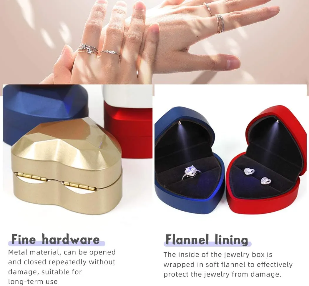 iSuperb Heart Shaped Ring Box LED Light Engagement Ring Boxes Jewelry Gift Box for Proposal Wedding Valentine's Day Anniversary Christmas (Navy Blue)