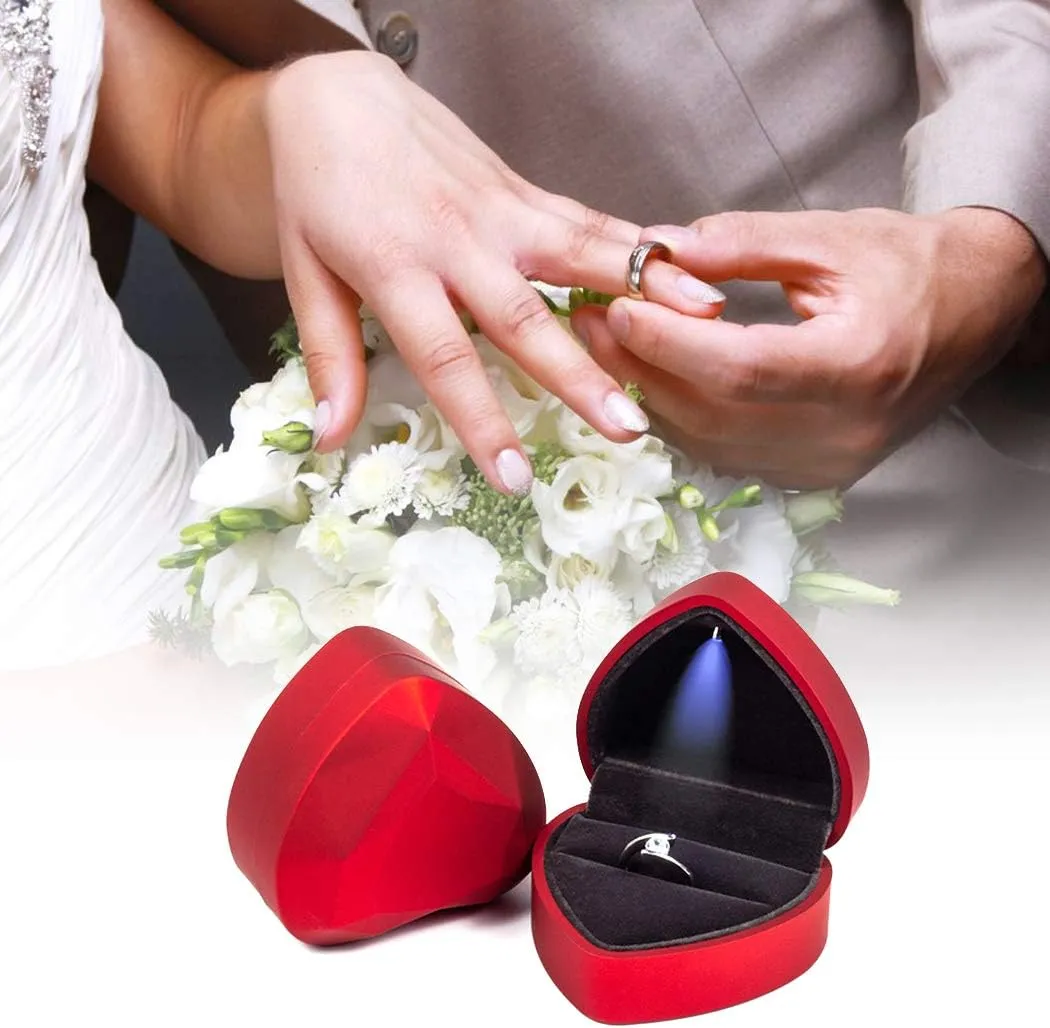 iSuperb Heart Shaped Ring Box LED Light Engagement Ring Boxes Jewelry Gift Box for Proposal Wedding Valentine's Day Anniversary Christmas (Navy Blue)