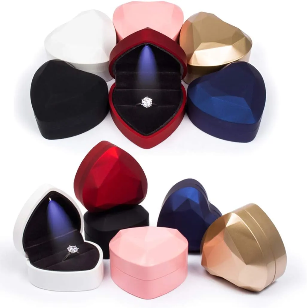iSuperb Heart Shaped Ring Box LED Light Engagement Ring Boxes Jewelry Gift Box for Proposal Wedding Valentine's Day Anniversary Christmas (Navy Blue)